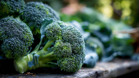 Fresh broccoli florets on rustic wooden surface display healthy vibrant produce.の素材