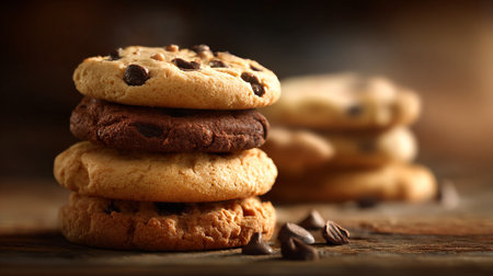 Delicious Stack of Freshly Baked Chocolate Chip Cookies on Rustic Wooden Surfaceの素材