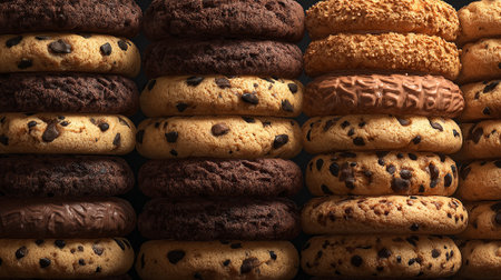 Tempting Stack of Assorted Cookies Presents Delightful Texture and Flavor Combinationsの素材