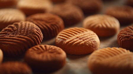 Deliciously Baked Round Cookies with Delicate Patterns: A Sweet Treatの素材
