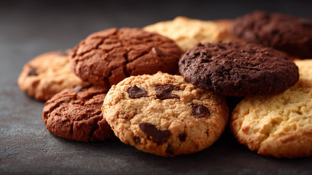 Delicious pile of chocolate chip cookies against a textured dark backgroundの素材