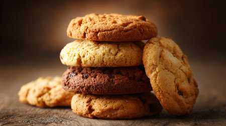 Stack of Delicious Assorted Cookies on Rustic Wooden Surface with Warm Tonesの素材