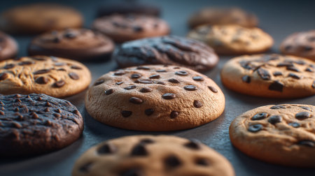 Delicious chocolate chip cookies arranged in a pattern against a neutral backgroundの素材