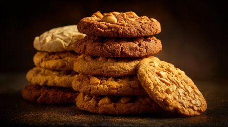 Delicious Stacks of Freshly Baked Peanut Butter Cookies Against a Dark Backdropの素材