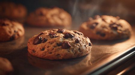Freshly Baked Chocolate Chip Cookies on a Baking Sheet Still Warmの素材