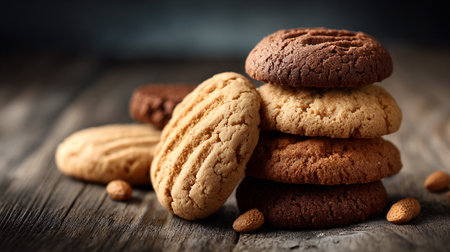 Tempting Stack of Gourmet Cookies on Rustic Wood Surface for Sweet Indulgenceの素材