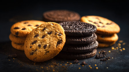 Delicious Assortment of Cookies: Chocolate Chip and Chocolate Sandwich Delights on Dark Surfaceの素材