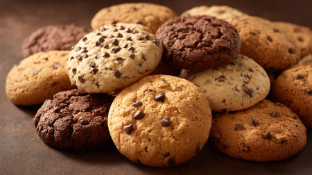 Delicious Pile of Chocolate Chip Cookies on Dark Brown Surface Ready to Eatの素材