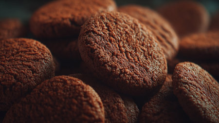 Delectable Pile of Chocolate Cookies with Detailed Texture, Dark Background and Lightの素材