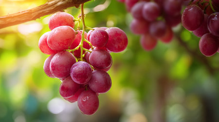Sweet Crimson Grapes Hanging on the Vine in the Sunny Orchardの素材