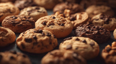 Delicious chocolate chip cookies display tempts with fresh baked goods close togetherの素材