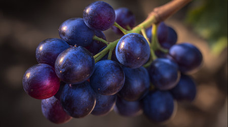 Luscious bunch of dark purple grapes hanging on a vine, freshly harvested.の素材