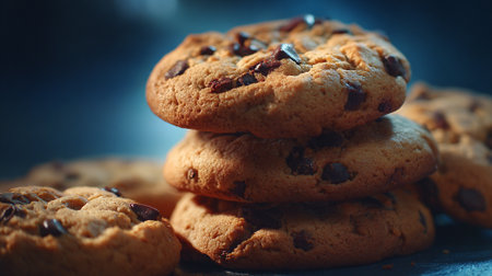 Delicious Stack of Freshly Baked Chocolate Chip Cookies Against a Blue Backdropの素材