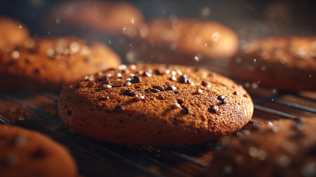 Freshly baked chocolate chip cookies cooling on a metal rack are readyの素材