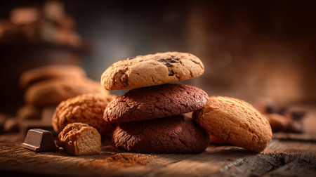 Delicious Stack of Assorted Cookies Displayed on Wooden Surface for Food Photographyの素材