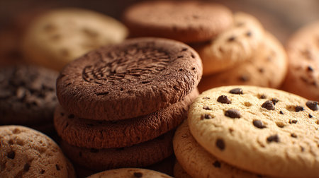 Stack of Delicious Homemade Chocolate Chip and Chocolate Cookies on Dark Backdropの素材