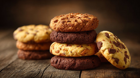 Delicious Assortment of Cookies Stacked High on a Rustic Wooden Surfaceの素材