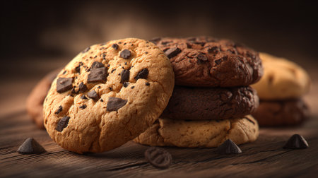 Delectable Stack of Chocolate Chip Cookies on Rustic Wooden Surfaceの素材