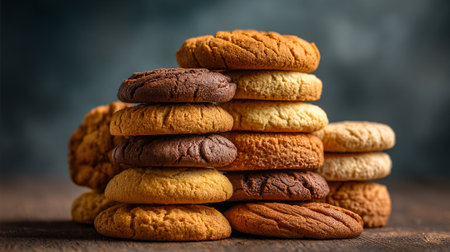 Stacked assortment of tasty cookies, homemade dessert and sweets, close-up viewの素材