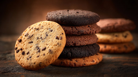 Delicious Stack of Assorted Cookies with Chocolate Chips Ready for Snacking Timeの素材