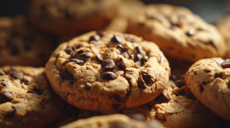 Freshly baked chocolate chip cookies offer a tempting, warm, sweet indulgence.の素材