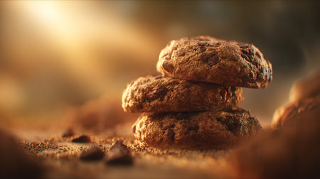 Warm Stack of Chocolate Chip Cookies with Golden Light Shining on Delicious Treatの素材