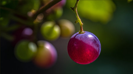 Luscious red grapes hanging on the vine in an orchard settingの素材