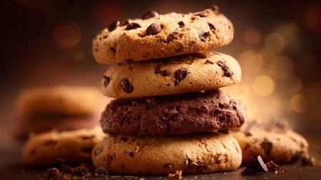 Tempting Stack of Chocolate Chip Cookies Displaying a Variety of Texturesの素材