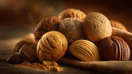 Assortment of Homemade Cookies with Chocolate Chunks on Rustic Wooden Surfaceの素材