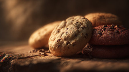 Mouthwatering Stack of Cookies: A Tempting Display of Sweet Treats on Woodの素材