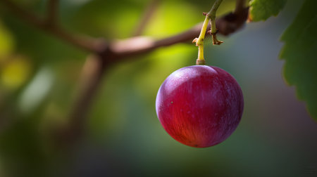 Single Grape Hanging from Vine with Blurred Green Leafy Backgroundの素材