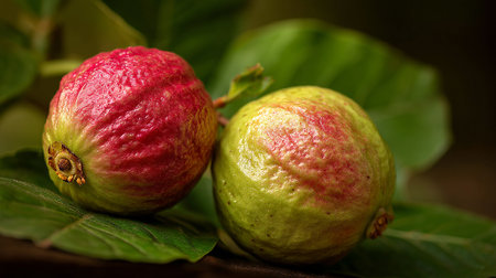 Two fresh and appetizing rose apples captured in a vibrant, detailed composition.の素材