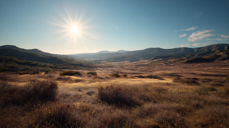 Sunny California Landscape with Rolling Hills and Golden Grass Fieldsの素材