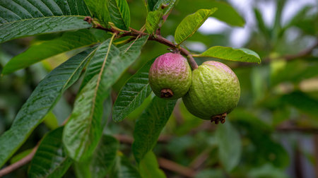 Guava Fruits Hanging on a Branch with Lush Green Leaves Sceneryの素材