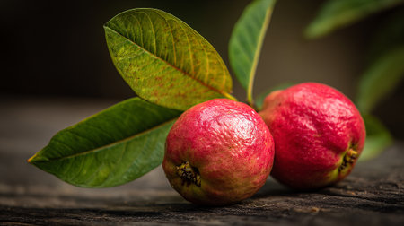 Two ripe guavas with fresh green leaves on rustic wooden surface.の素材
