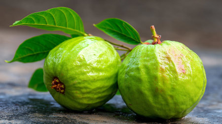 Two vibrant green guavas with fresh leaves displayed on a textured surfaceの素材