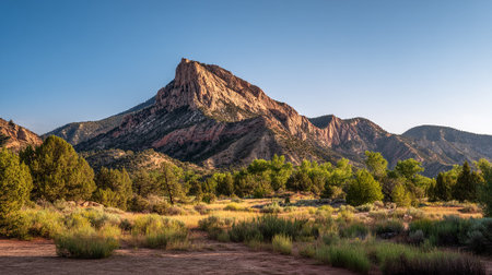 Scenic Mountain Vista with Vibrant Vegetation Under Clear Blue Skiesの素材