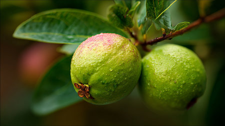 Fresh guava fruit, green leaves, and dew drops on tree branch.の素材