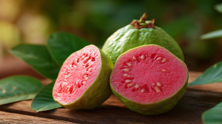 Fresh Red Guava Still Life Displayed on Rustic Wood Surfaceの素材