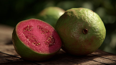 Fresh guava halves revealing vibrant pink flesh on rustic wooden surfaceの素材