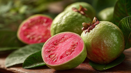 Fresh Pink Guava Fruits: A Tropical Delight Displayed on Wooden Surfaceの素材