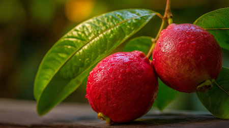 Luscious Rose Apples Freshly Picked and Resting on Wood Surfaceの素材