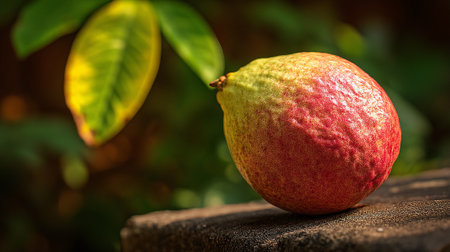 Ripe guava fruit exhibiting pink hues with verdant foliage in the backgroundの素材