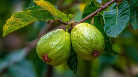 Two Fresh Guava Fruits Hanging on a Branch in Natural Lightの素材