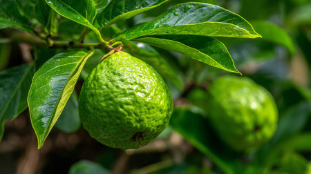 Fresh Green Avocado Fruits Hanging on Tree Branch in Natural Settingの素材