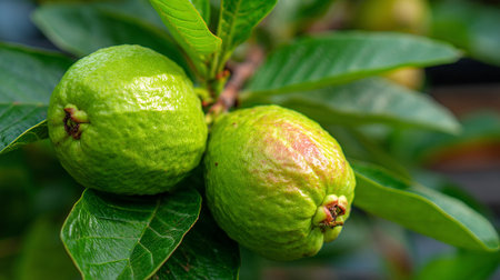 Fresh green guavas hanging on a tree, ready for harvest season.の素材