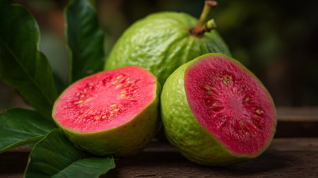 Exotic Guava Fruit Still Life Showcasing Vibrant Pink Flesh and Green Skinの素材