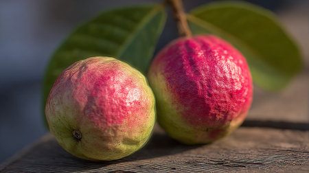 Two fresh guavas with leaves resting on a weathered wooden surfaceの素材