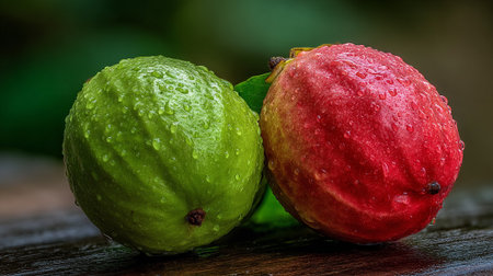Fresh guava fruits with water droplets, green and red tropical delightの素材