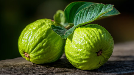 Fresh Green Guava Fruits with Leaves on Rustic Wooden Surfaceの素材